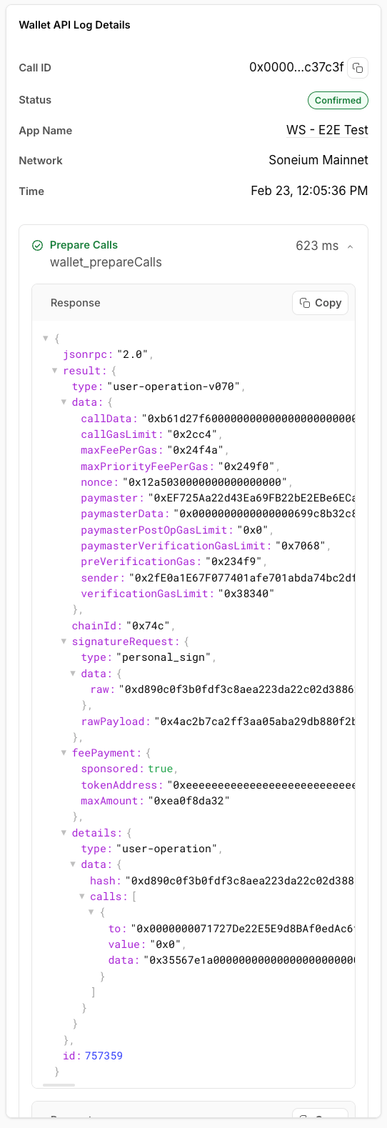 Transaction details panel with step timeline