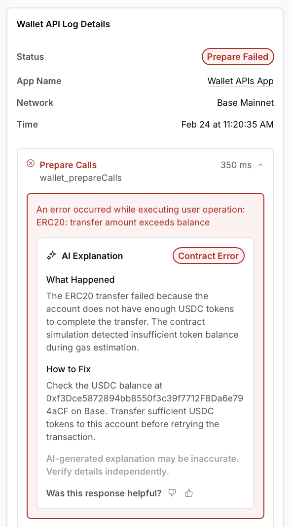 AI error explanation with category, explanation, and remediation steps