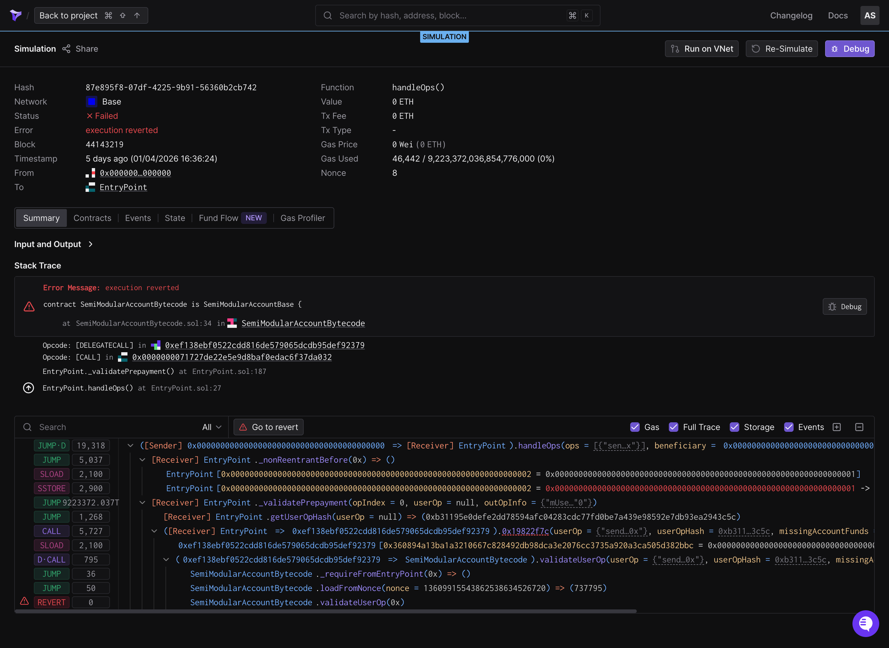 Tenderly simulation result page showing execution trace