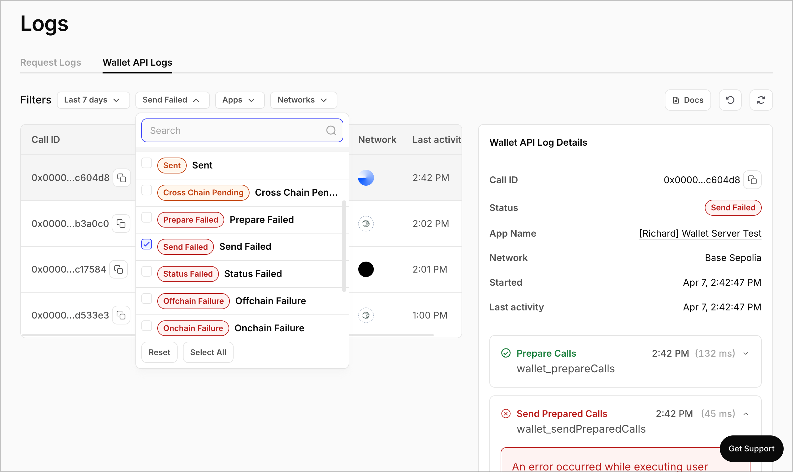 Transaction Lifecycle Dashboard filtered to Send Failed status