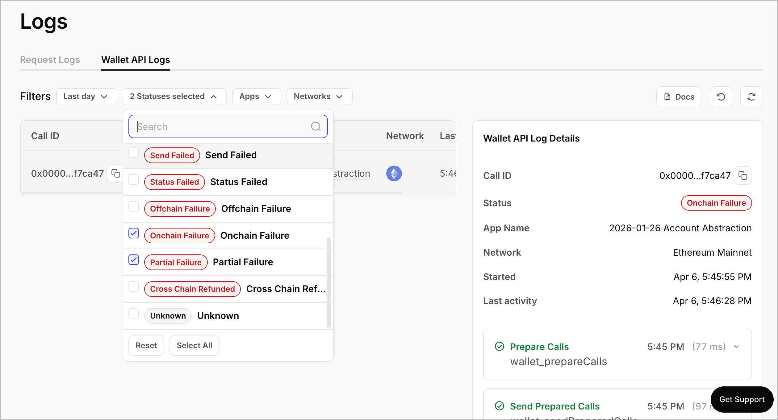 Transaction Lifecycle Dashboard filtered to Onchain Failure status