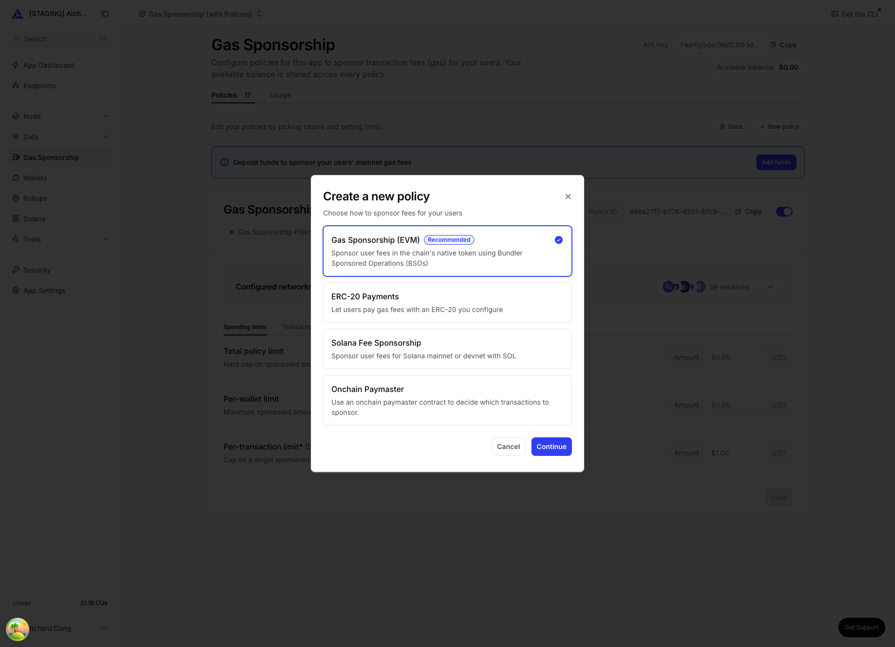 Create policy dialog showing the policy type picker